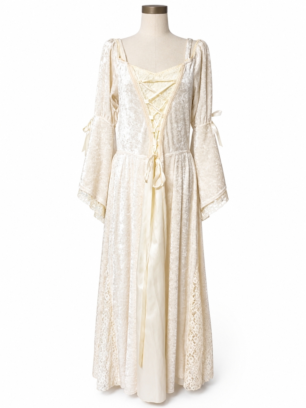 Lip Service Cream Lace Velvet Wedding Dress with Ribbon Tie